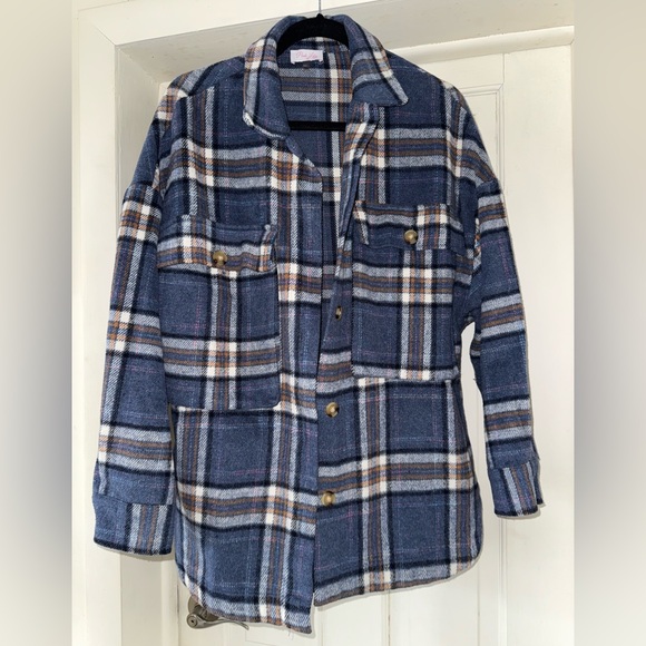 Pink Lily Jackets & Blazers - Pink Lily Blue and White Plaid Shirt Jacket